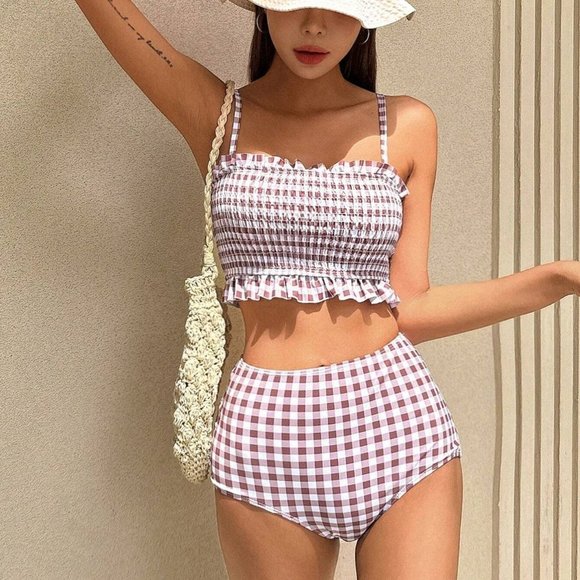 Multicolor Gingham Frill Trim High Waisted Bikini Swimsuit - Picture 4 of 5